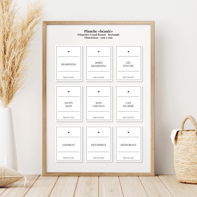 Lot de 9 grandes étiquettes personnalisées format rectangle (51x68mm) vynil mat, minimaliste, vintage, organisation de la cuisine & maison