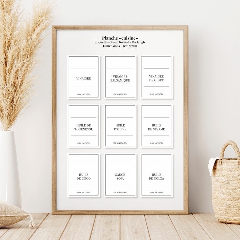 Lot de 9 grandes étiquettes personnalisées format rectangle (51x68mm) vynil mat, minimaliste, vintage, organisation de la cuisine & maison