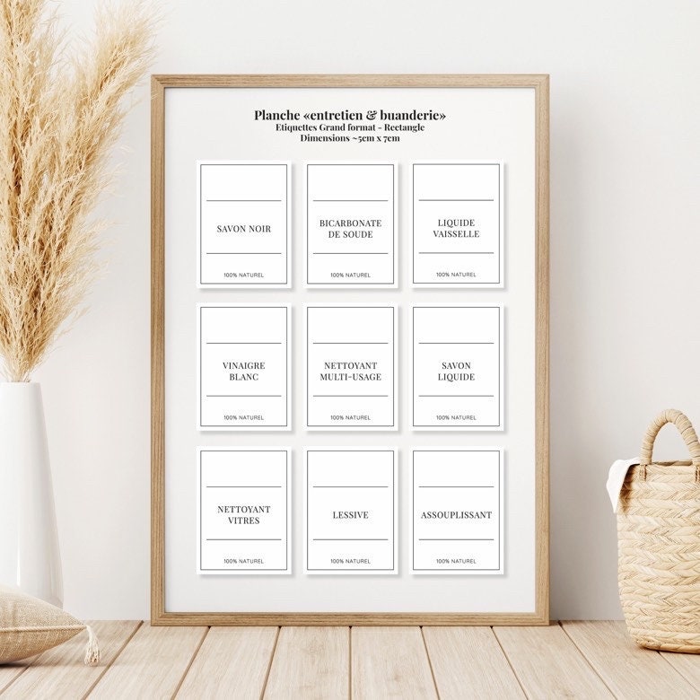 Lot de 9 grandes étiquettes personnalisées format rectangle (51x68mm) vynil mat, minimaliste, vintage, organisation de la cuisine & maison