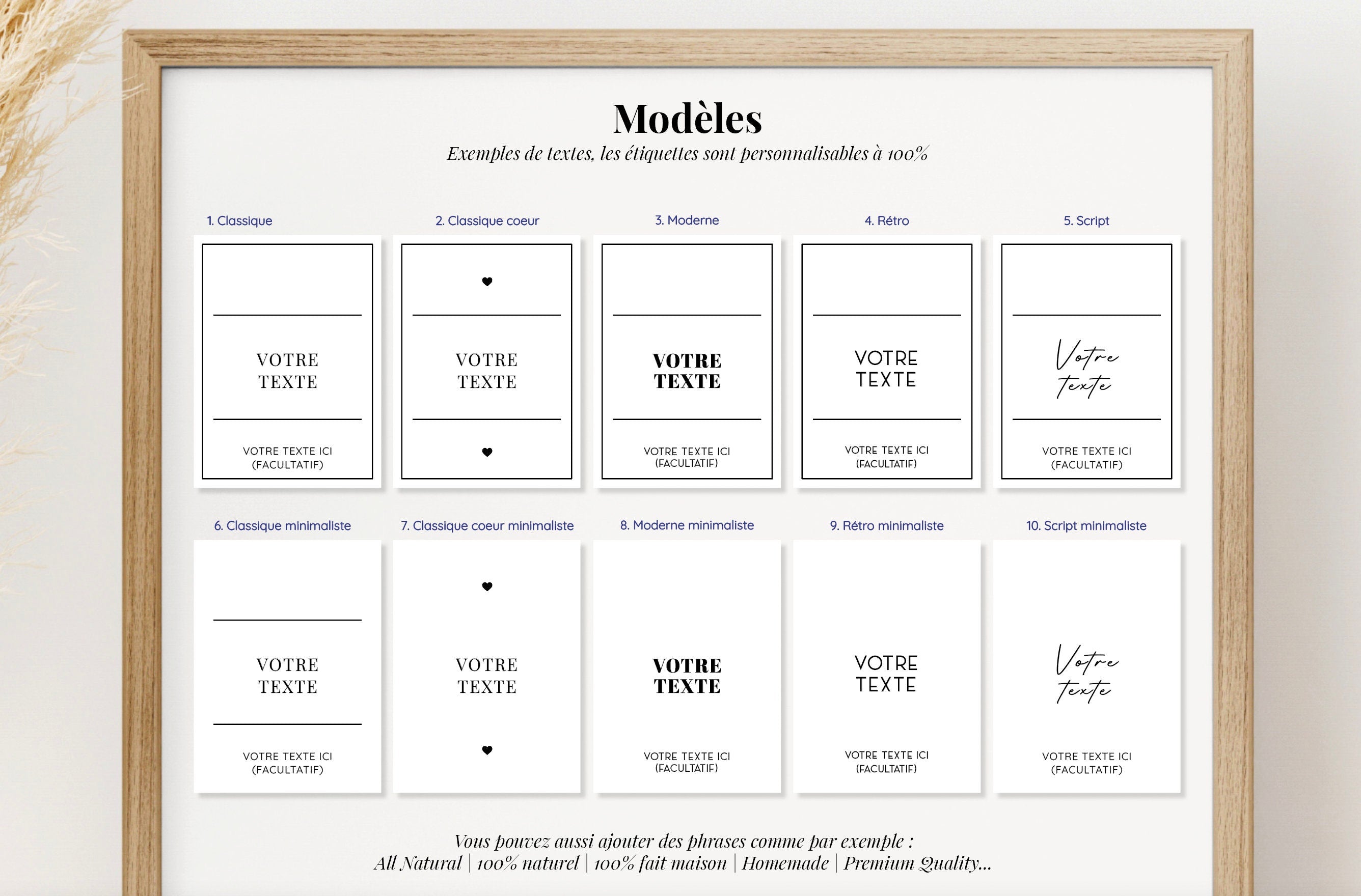 Lot de 9 grandes étiquettes personnalisées format rectangle (51x68mm) vynil mat, minimaliste, vintage, organisation de la cuisine & maison
