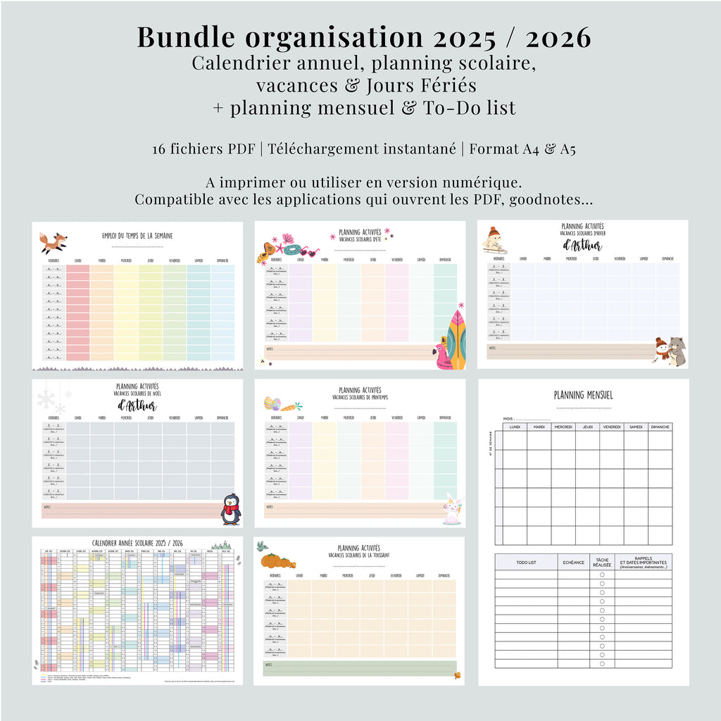 Pack Organisation 2025 PDF | Calendrier Annuel | Planning Vacances Scolaires + Mensuel & To-Do List à Imprimer | A4 et A5