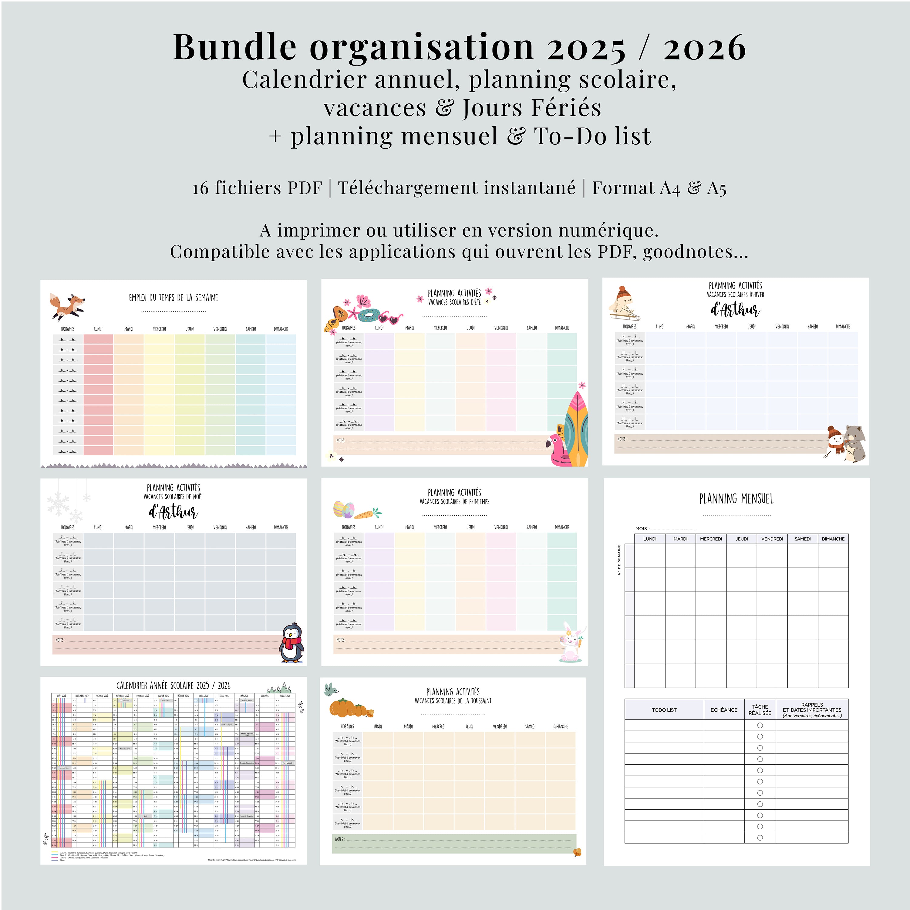 Pack Organisation 2025 PDF | Calendrier Annuel | Planning Vacances Scolaires + Mensuel & To-Do List à Imprimer | A4 et A5