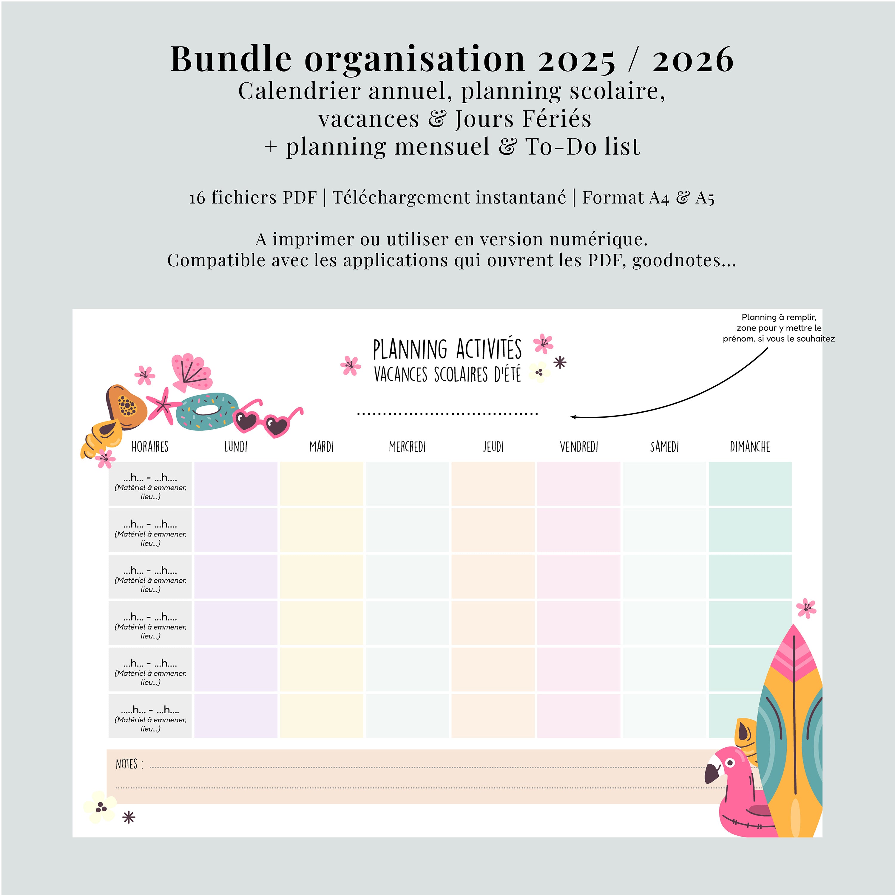 Pack Organisation 2025 PDF | Calendrier Annuel | Planning Vacances Scolaires + Mensuel & To-Do List à Imprimer | A4 et A5