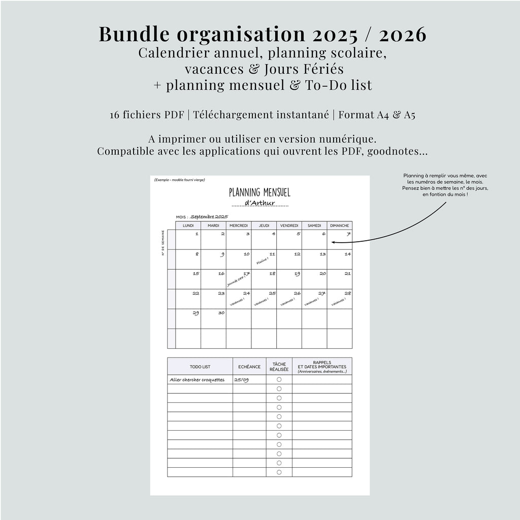 Pack Organisation 2025 PDF | Calendrier Annuel | Planning Vacances Scolaires + Mensuel & To-Do List à Imprimer | A4 et A5
