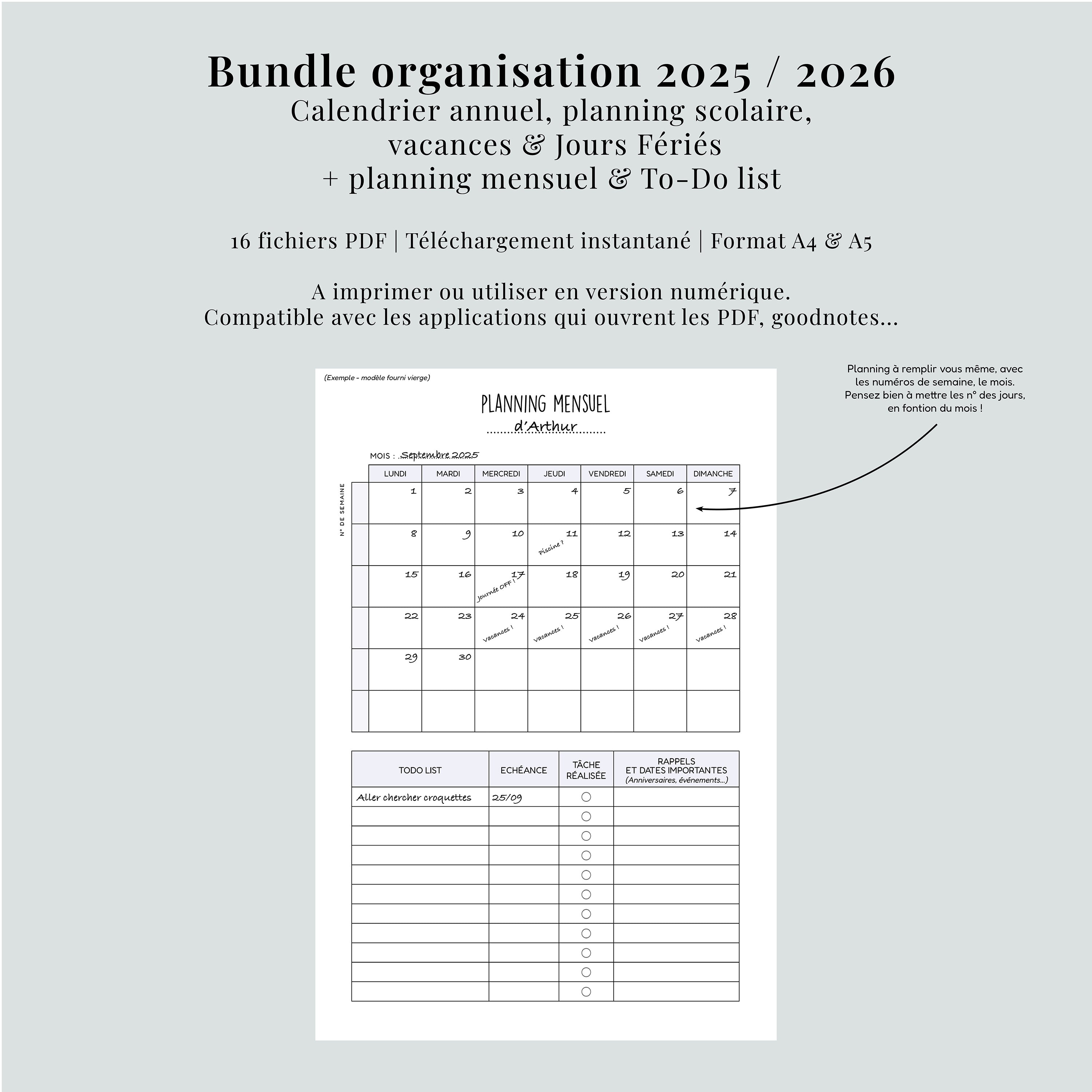 Pack Organisation 2025 PDF | Calendrier Annuel | Planning Vacances Scolaires + Mensuel & To-Do List à Imprimer | A4 et A5