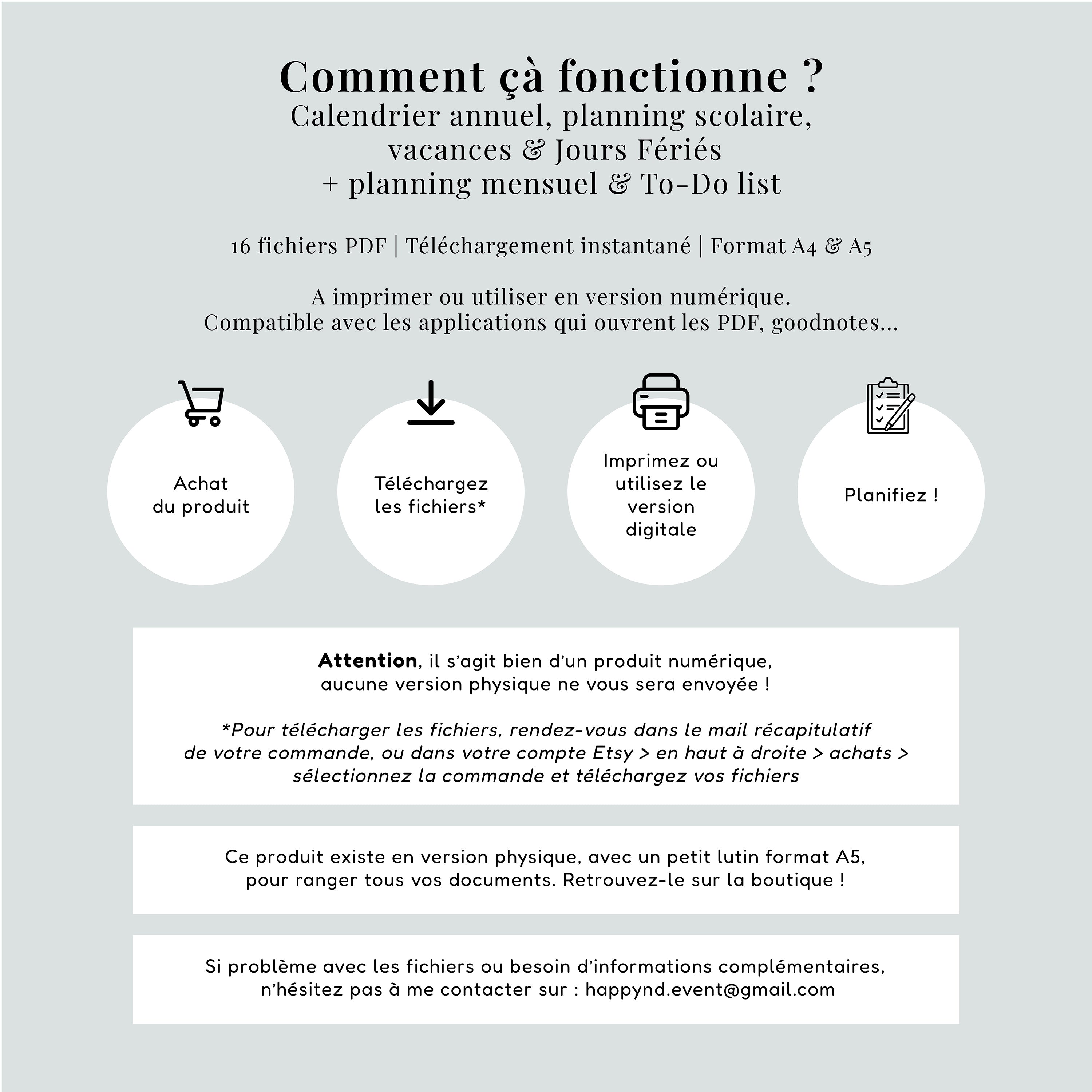 Pack Organisation 2025 PDF | Calendrier Annuel | Planning Vacances Scolaires + Mensuel & To-Do List à Imprimer | A4 et A5