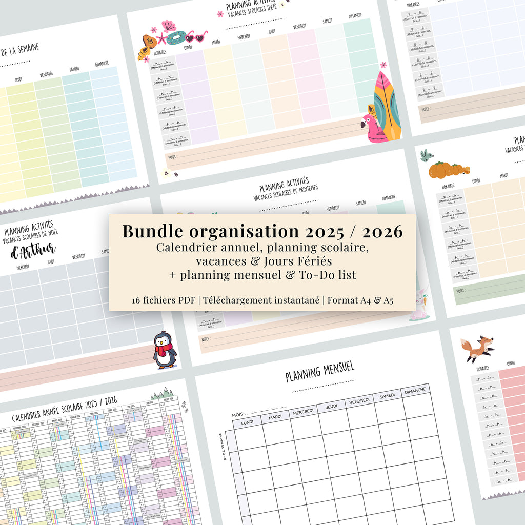 Pack Organisation 2025 PDF | Calendrier Annuel | Planning Vacances Scolaires + Mensuel & To-Do List à Imprimer | A4 et A5