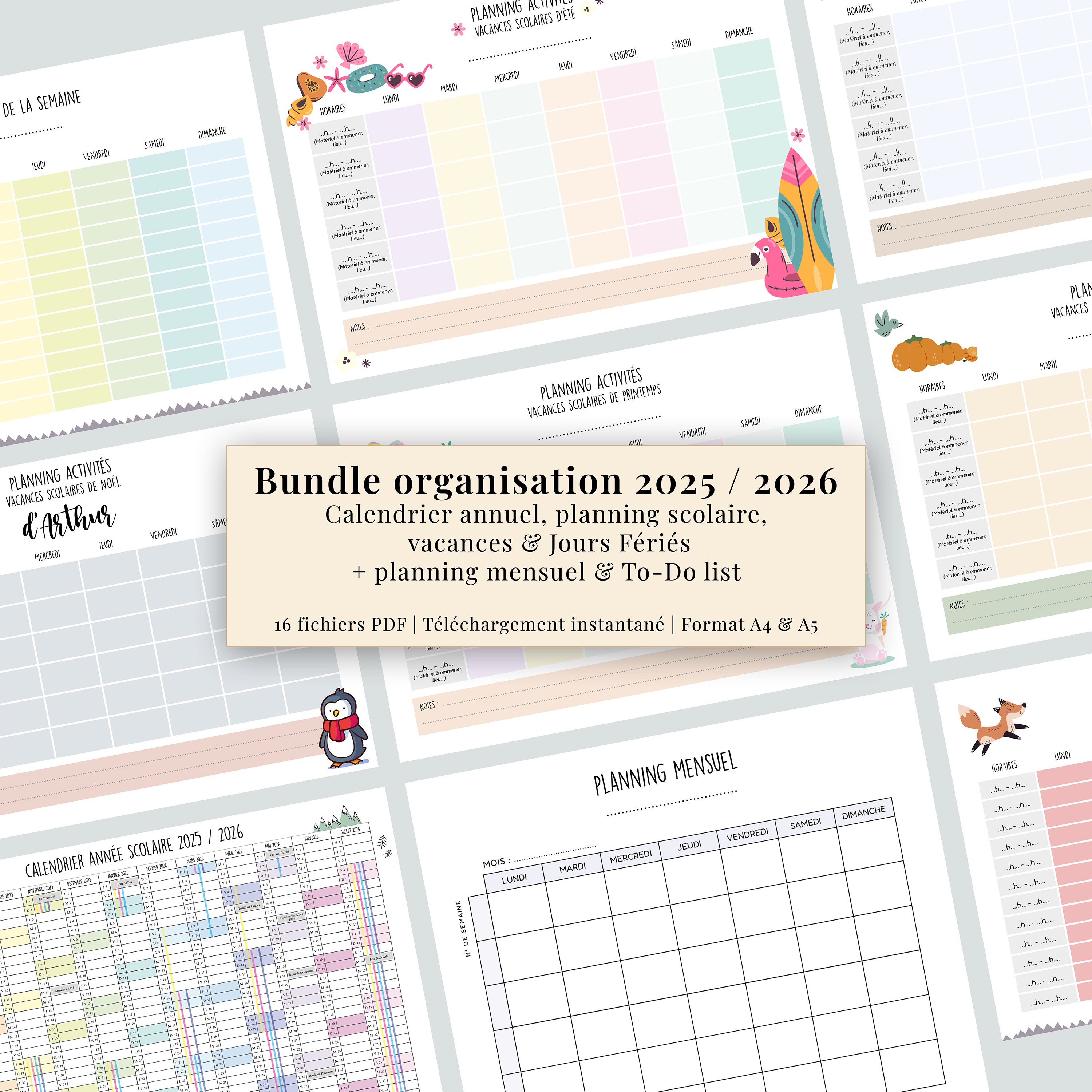Pack Organisation 2025 PDF | Calendrier Annuel | Planning Vacances Scolaires + Mensuel & To-Do List à Imprimer | A4 et A5