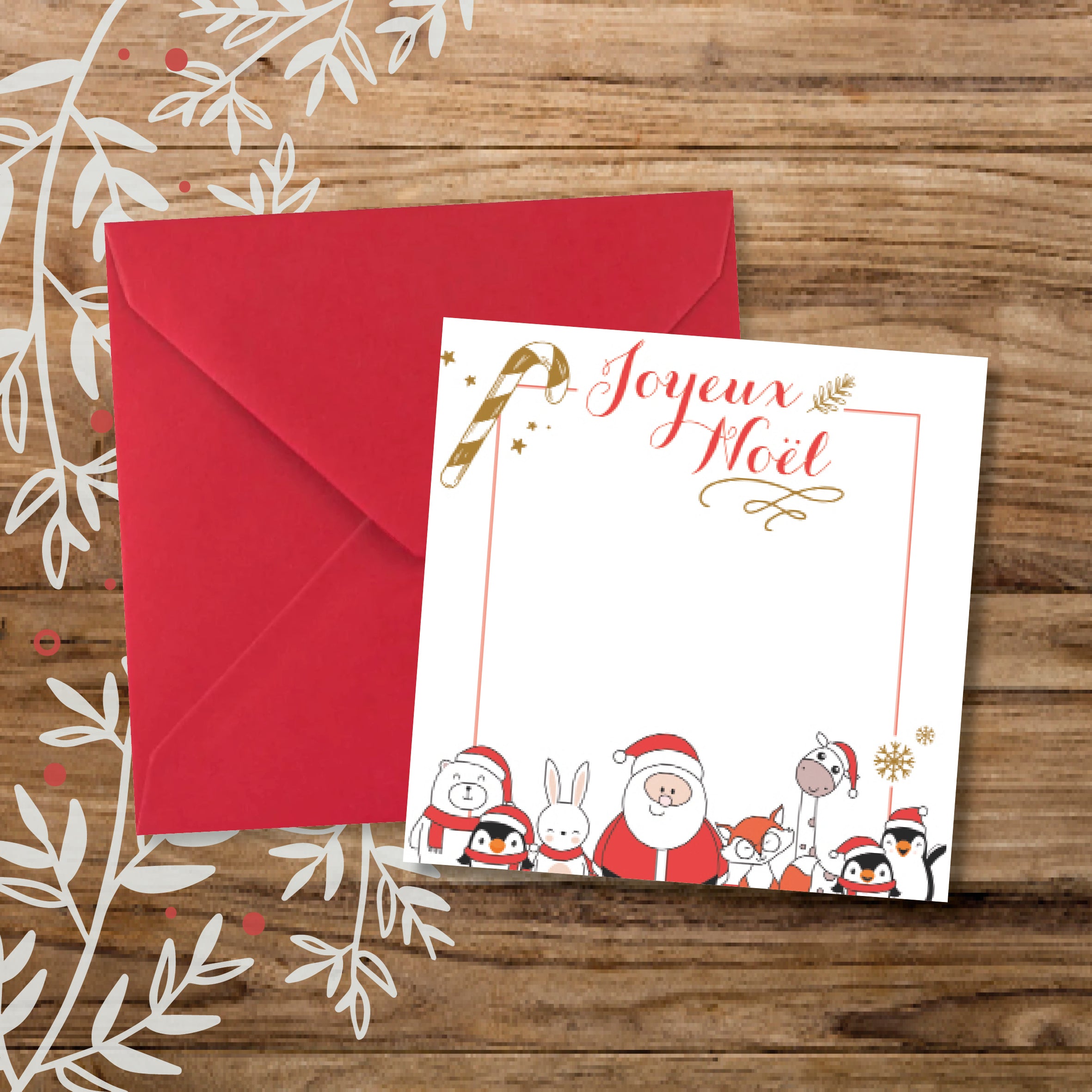 Carte cadeau de noël pour message, avec enveloppe et sticker de fermeture