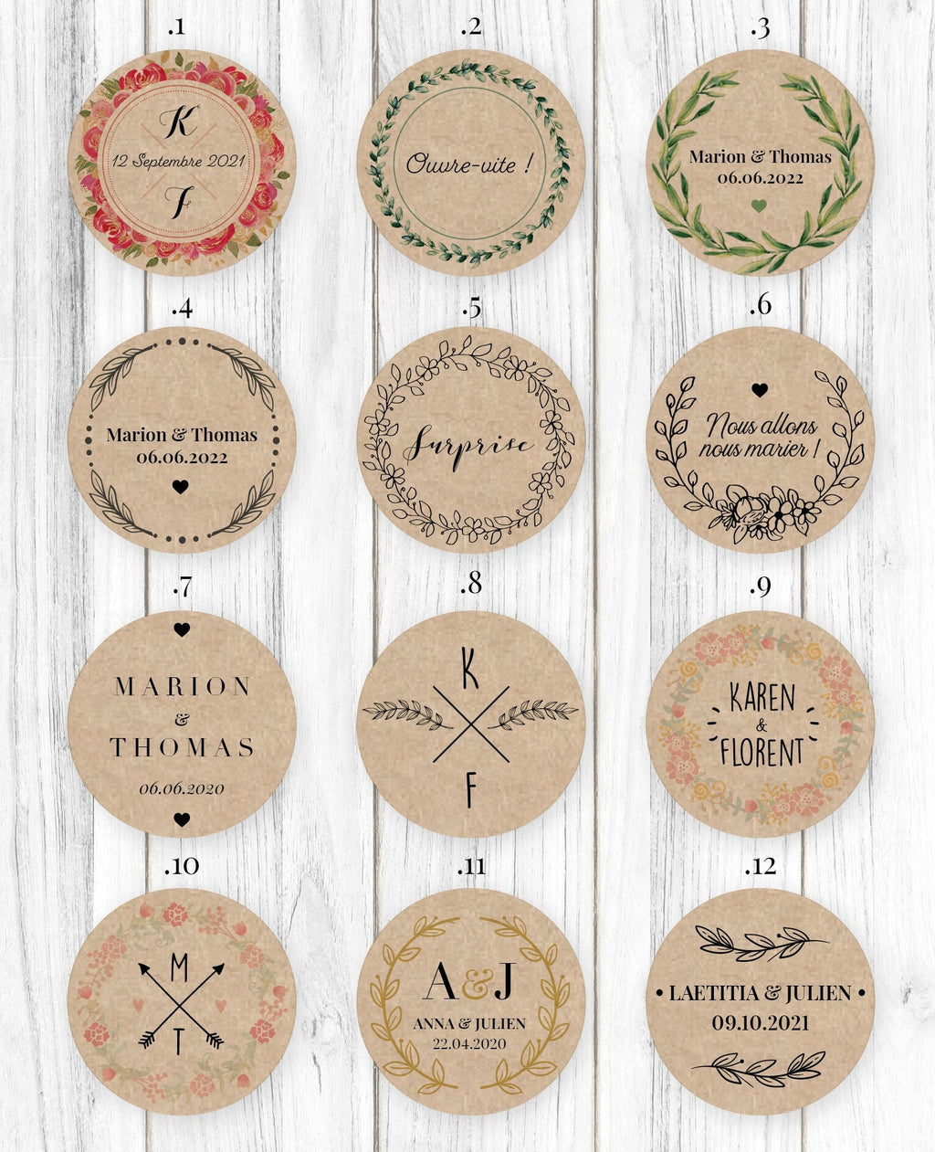 Lot de 20 Etiquettes rondes autocollantes personnalisées, mariage, baptême, anniversaire ou texte personnalisé au choix - Lot de 20