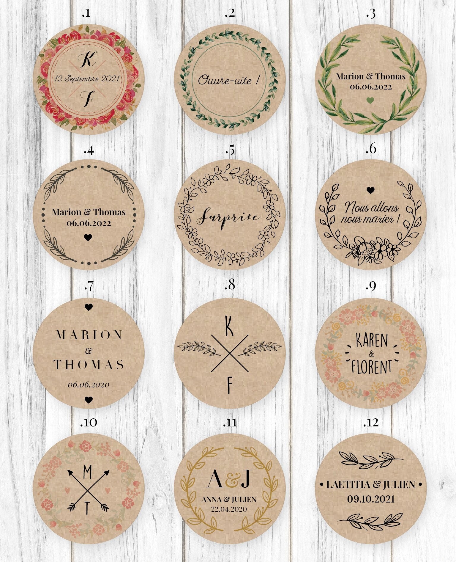 Lot de 20 Etiquettes rondes autocollantes personnalisées, mariage, baptême, anniversaire ou texte personnalisé au choix - Lot de 20