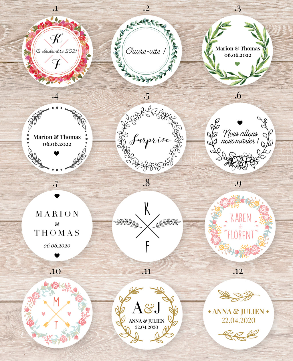 Lot de 20 Etiquettes rondes autocollantes personnalisées, mariage, baptême, anniversaire ou texte personnalisé au choix - Lot de 20