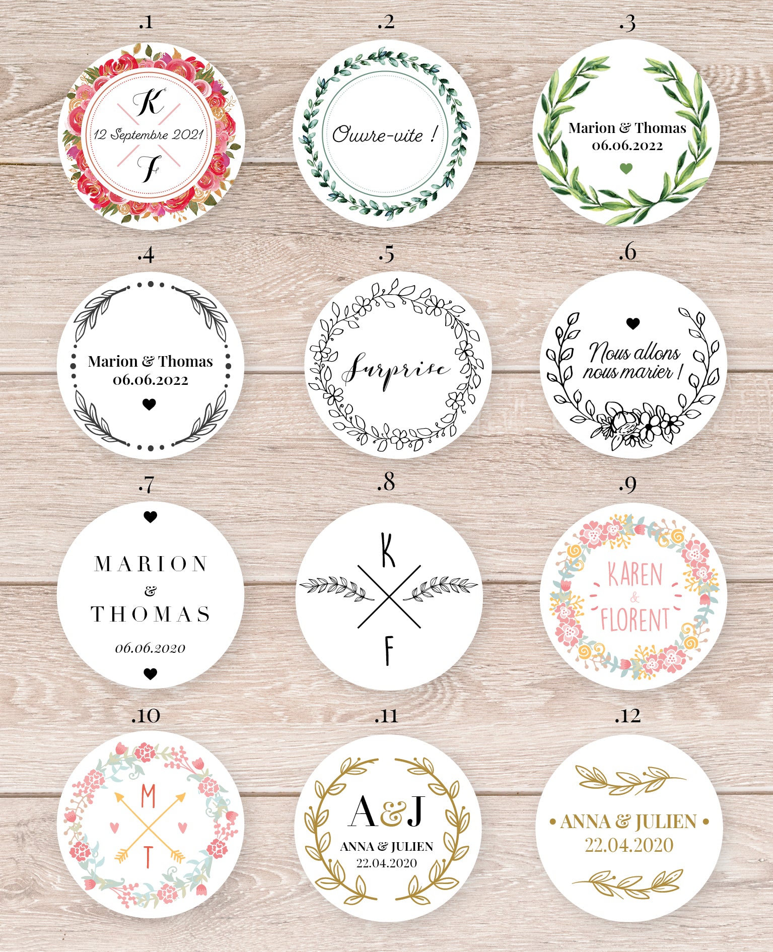 Lot de 20 Etiquettes rondes autocollantes personnalisées, mariage, baptême, anniversaire ou texte personnalisé au choix - Lot de 20